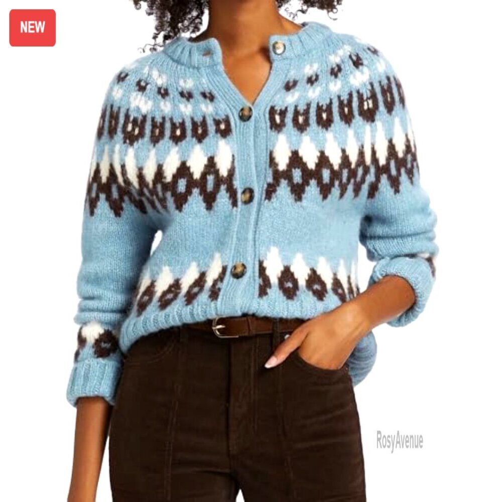 Fair Isle Cropped Cardigan Chunky Knit Crewneck Long Sleeve Sweater Cozy Fall - Picture 4 of 7
